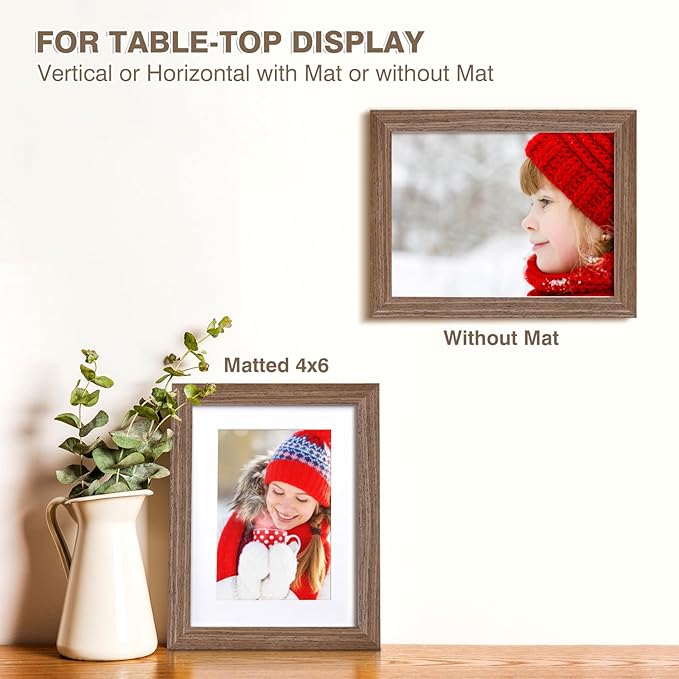 KINLINK A5 Picture Frame, Brown Solid Wood Frames with Acrylic Plexiglass for Pictures 4x6 with Mat or A5 without Mat, Tabletop and Wall Mounting Display 4 Pack