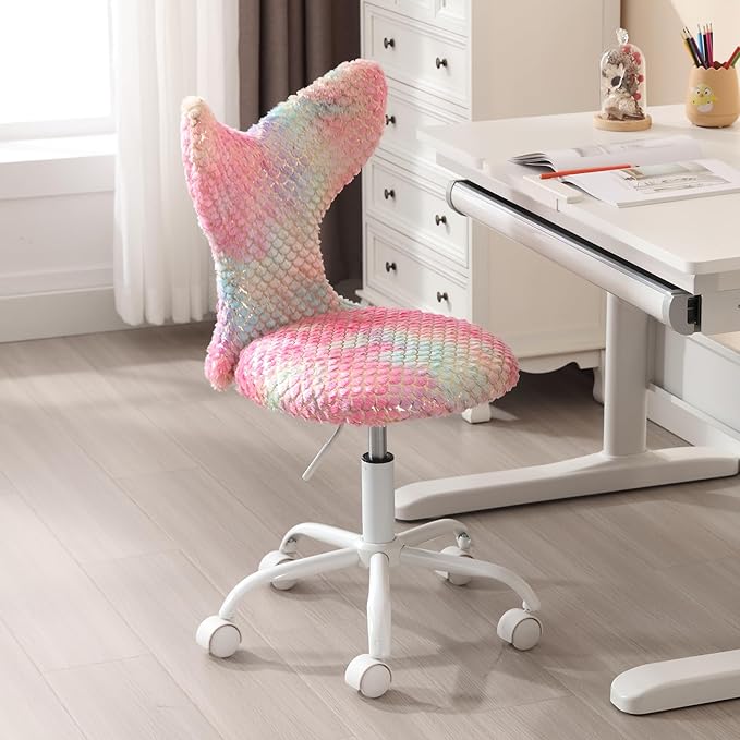 Fuzzy Desk Chair, Cute Swivel Children Desk Chair with Wheels for Kids Bedroom Upholstered Rolling Study Chair Adjustable Computer Chair Mermaid Back Vanity Chair for Teen Girls Boys, Red Colorful