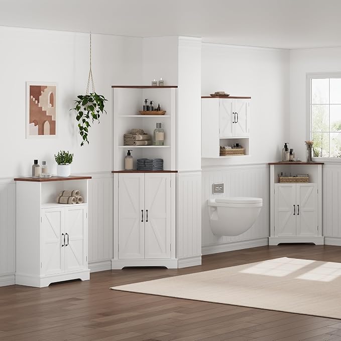 Smuxee Bathroom Corner Storage Cabinet, Farmhouse Floor Corner Cabinet with Barn Door and Adjustable Shelf, White Narrow Cabinet Organizer for Bathroom, Living Room, Kitchen