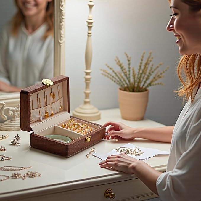 Travel Jewelry Case Wood Small Jewelry Box for Women Wood Jewelry Organizer Storage Holder For Earrings Rings Necklaces Velvet Wooden Jewelry Box With Lock