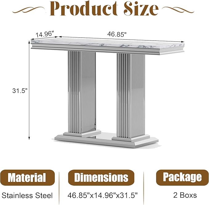 47" Marble Console Table, Modern Entryway Table with Pillar Stainless Steel Base, Rectangle Faux Marble Sofa Table for Living Room, Hallway, Foyer, White Silver