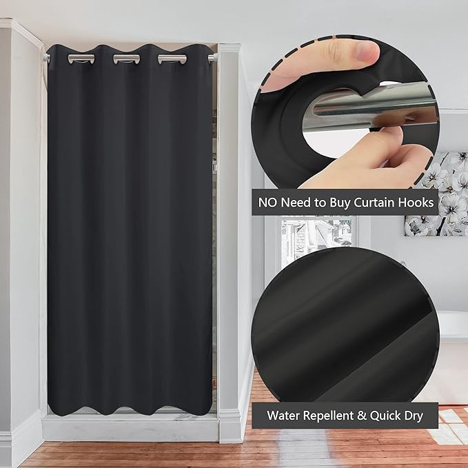 River Dream Stall Size No Hook Black Shower Curtain Soft Microfiber - 36" Wide Small Fabric Shower Curtain Set for Narrow Stall, Waterproof & Washable, Bottom Magnets, Black, 36x74