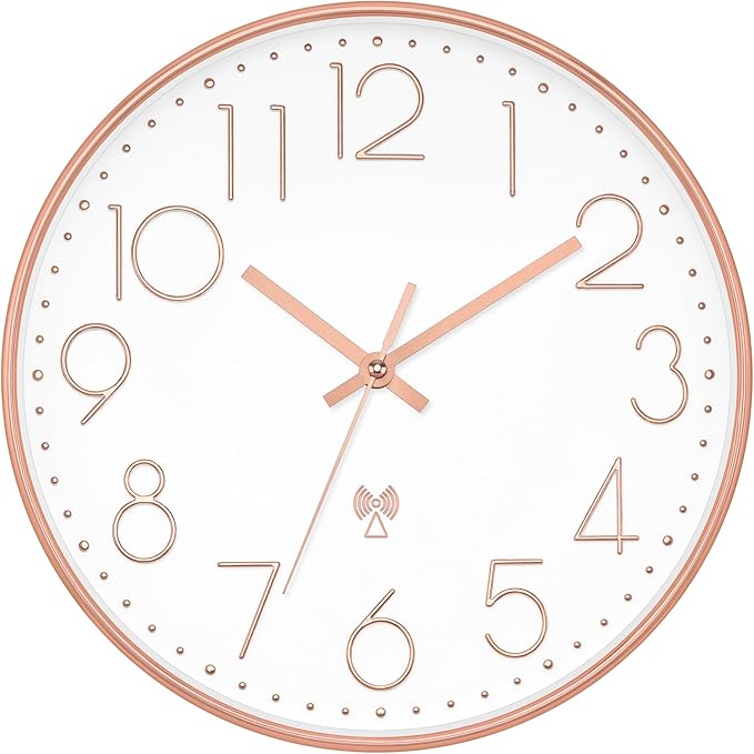 Foxtop Atomic Wall Clock Battery Operated Round Analog Modern Wall Clock Sets Automatically for Office Classroom Bedroom Kitchen Living Room (Rose Gold)