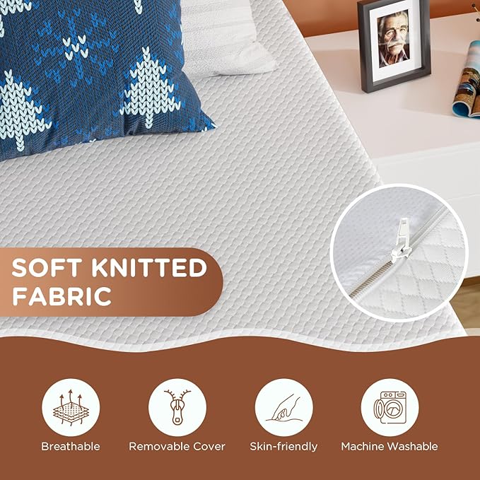 PayLessHere 14 Inch Twin Mattress Base Foam Mattress,Removable Soft Cover,Bunk Bed, Trundle, Daybed,White，Fiberglass Free