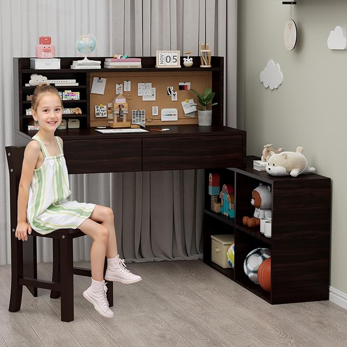 Wooden Kids Desk and Chair Set, 2 Drawers and Remove Storage 4 Cabinets, Children Study Desk with Hutch and Shelves, Boys & Girls Study Desks for Kids Bedroom (Espresso)-7Cp1CF