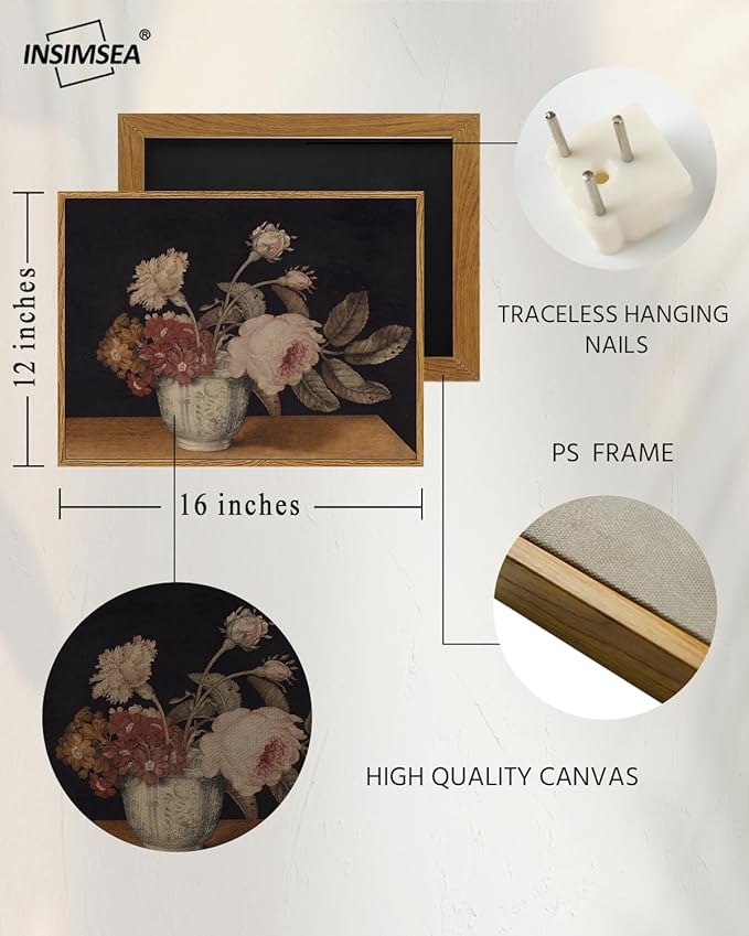 InSimSea Framed Wall Art for Living Room Decor Colorful Peonies Abstract Nature Vintage Wall Art Decorative Oil Painting Colorful Multicolor for Bedroom Office Decor 12x16in