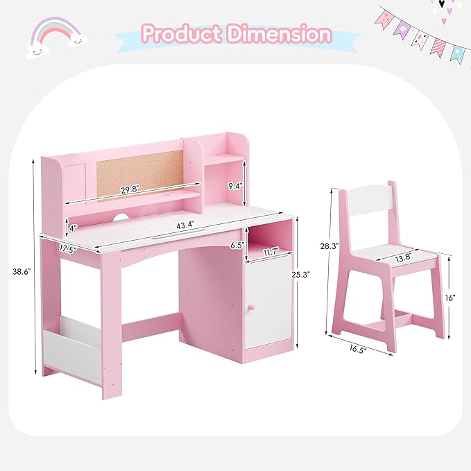 Kids Study Desk with Chair and Tiltable Desktop, Kids Stud Des and Chair Set with Hutch&Storage Cabinet, Wooden Children Study Table for 5-12 Years Old, Student Writing Desk for Bedroom (Pink)