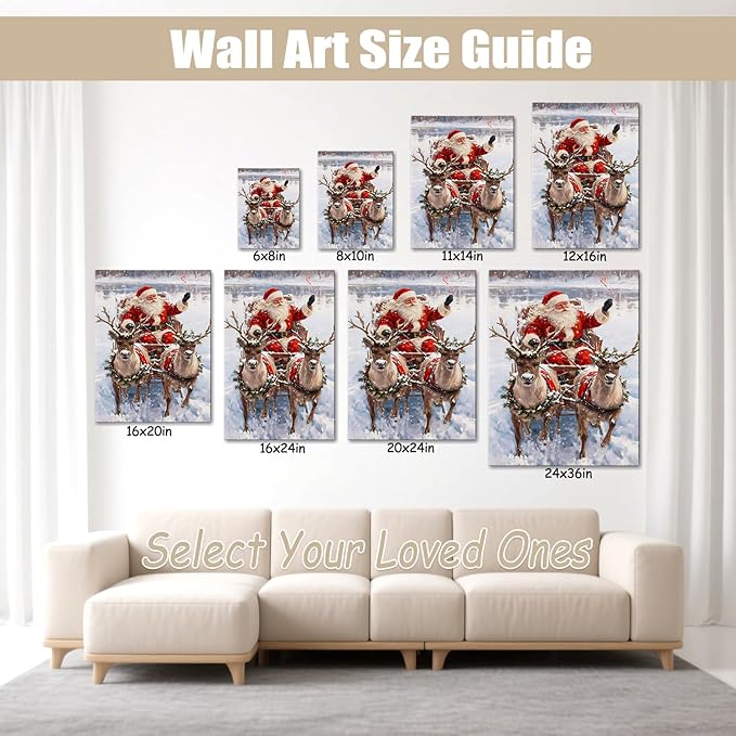 Vintage Santa in Sleigh with Reindeer Christmas Canvas Wall Art - Classic Framed Prints for Living Room & Office, Cozy Winter Snow Scene Nature Decor, Ideal Christmas Gifts & Festive Decorations