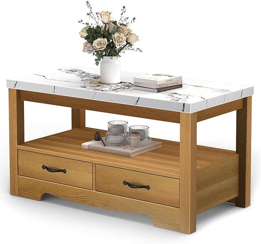 Coffee Table 40" Faux Marble 2-Tier Modern Wooden Rectangle Center Table with Drawers for Living Room, Conference Room, Thickened Top, Small Space Home Furniture (Natural Oak with Storage)