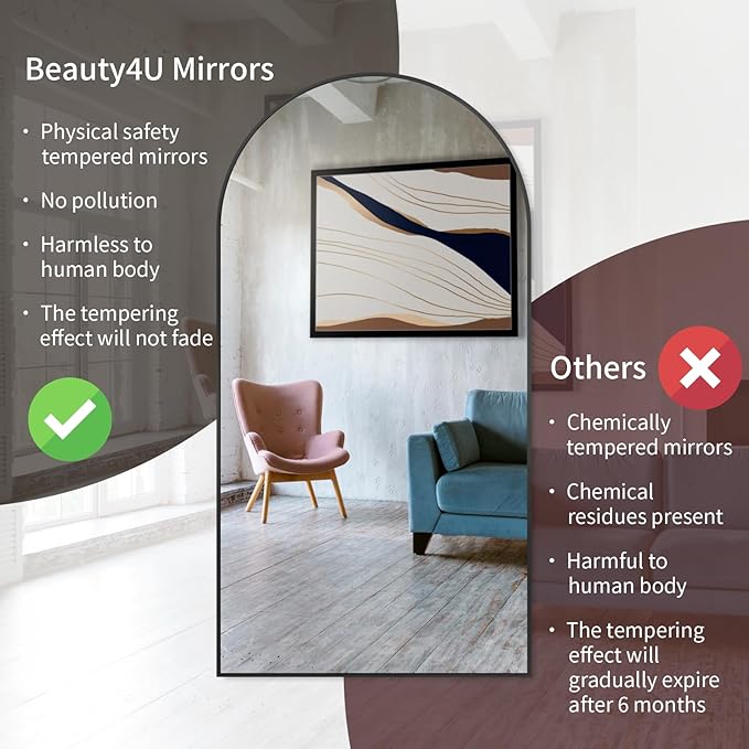 Beauty4U 76" x 37" Arch Large Full Length Mirror with Stand, Black Wall Mounting Full Body Mirror, Metal Frame for Living Room, Bedroom