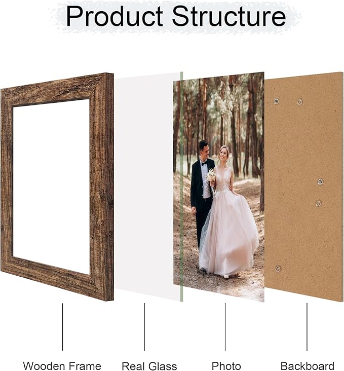 6x9 Picture Frame Set of 4, High Definition Real Glass Rustic Frame, 6 x 9 Photo Frames for Tabletop Display and Wall Mounting