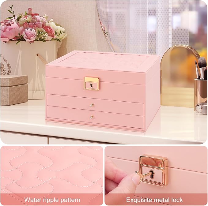 DesignSter Jewelry Box, Jewelry Organizer with 2 Drawers, 3 Layers Leather Jewelry Storage Box with Lock, Jewelry Storage Case for Necklaces Earrings Bracelets and Rings（Pink）