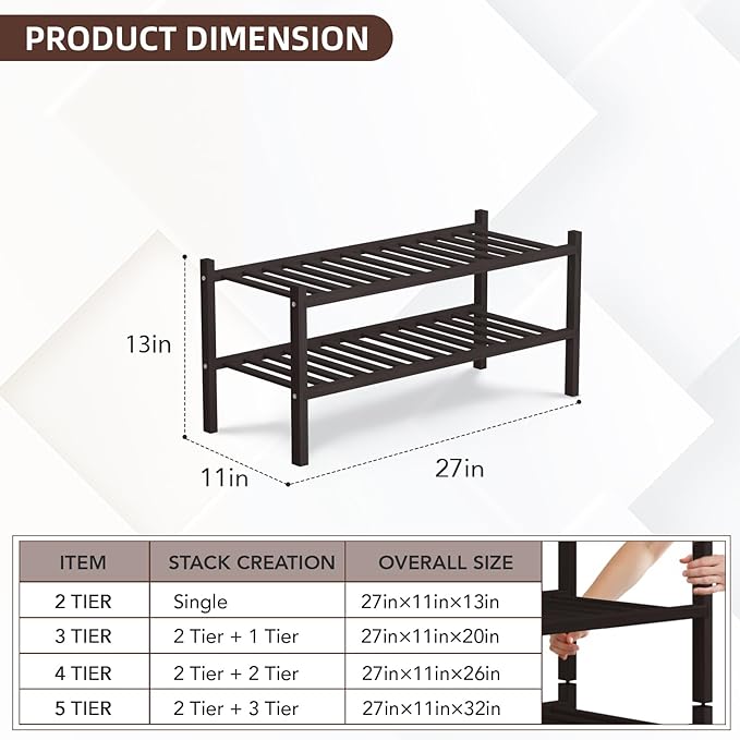 2 Tier Bamboo Shoe Rack Storage Organizer for Closet, Multifunctional Stackable Free Standing Shoe Shelf Organizer for Small Space,Entryway, Hallway, Bathroom27 x11 x13 (Brown, 2 Tier)