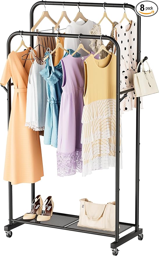 SINGAYE Clothes Rack Garment Clothing Hanger：Coat Rack Metal Double Bar Freestanding for Hanging Clothes Portable With Wheels Rolling Closet for Laundry Bedroom Drying Black