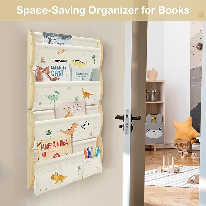 Wooden Wall Mounted Bookshelf for Kids Rooms, 4 Tier Floating Nursery Book Shelf, Kids Bookshelf with 2 Pockets, Toddler Sling Book Rack with Deep Sleeves (Dinosaur)
