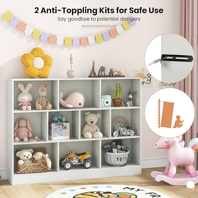 Costzon 10 Cube Bookshelf for Kids, Wooden Toy Storage Organizer w/ 2 Anti-Toppling Kits, 3 Tier Open Shelves & Non-Slip Foot Pads, Book Shelf for Kids Rooms, Playroom, Classroom, Nursery (White)