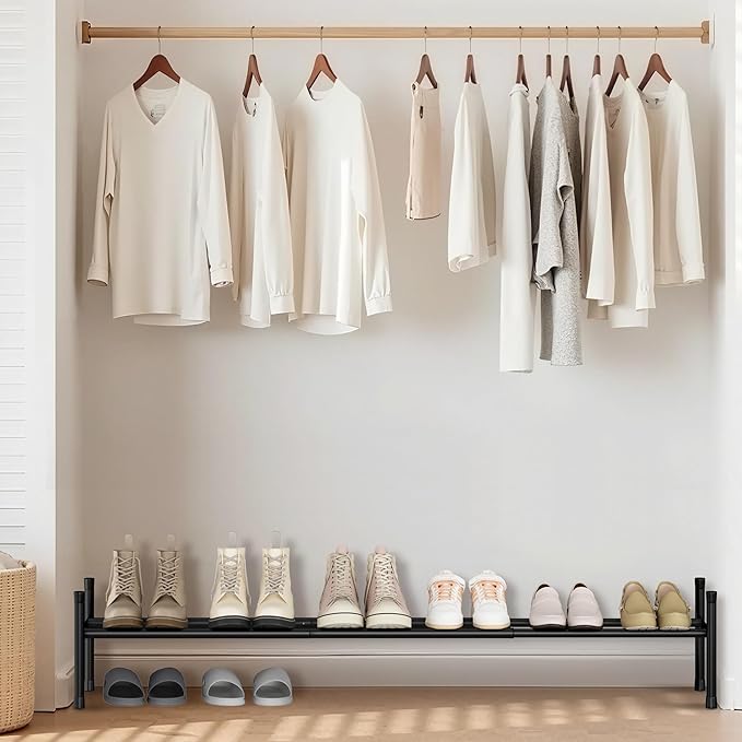 STORAGE MANIAC Long Expandable Shoe Rack, 6 Pairs Metal Wide Stackable Shoe Rack, Adjustable Shoes Shelf, Freestanding Shoes Organizer for Closet, Entryway, Hallway, Garage, Front Door, 1 Tier