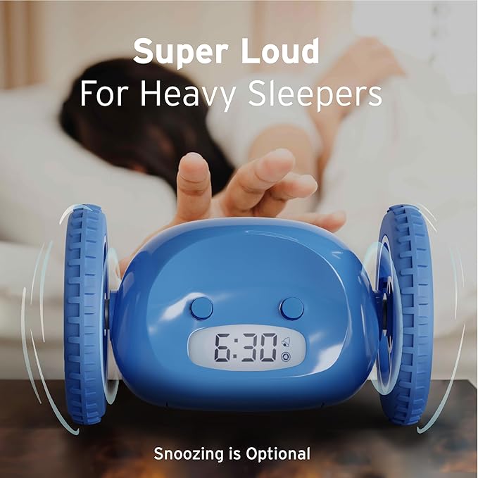 CLOCKY Extra Loud Alarm Clock for Heavy Sleepers on Wheels Rolls Runaway Vibrating Easy To Set Super Smart Snooze Digital Bed Shaker Alarm Clock Funny Gift for Adults Kids Teens Bedrooms (Blue Wheels)