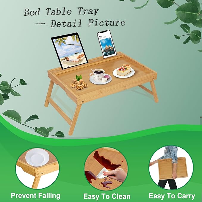 Bed Tray Table with Foldable Legs, Breakfast Food Trays for Eating on Couch with Media Slot for Bed, Eating, TV Tray, Kitchen Serving Tray(Bamboo, Medium)