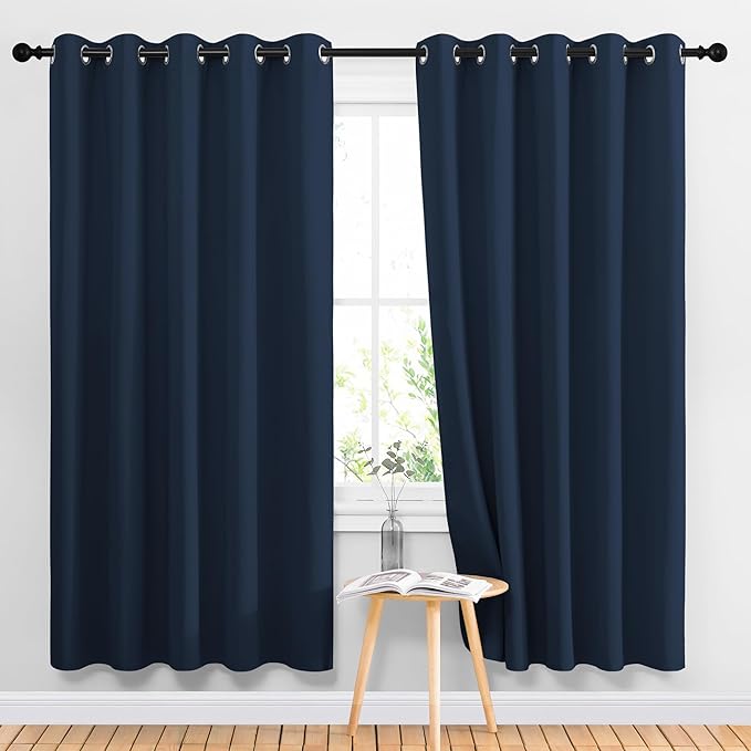 NICETOWN Blackout Curtains Panels for Living Room, 2 Panels, 66 x 70 Inch, Navy, 3 Pass Microfiber Noise Reducing Thermal Insulated Solid Ring Top Blackout Window Drapes