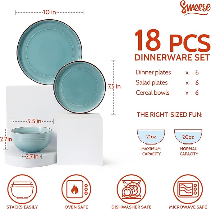 Sweese Plates and Bowls Sets, Porcelain Dinnerware Sets for 6, 18 pcs Handcrafted Glaze Embossed Dinner Set, Scratch Resistant Dishware, Dishwasher Oven Microwave Safe Ceramic Dish Set, Gradient Blue