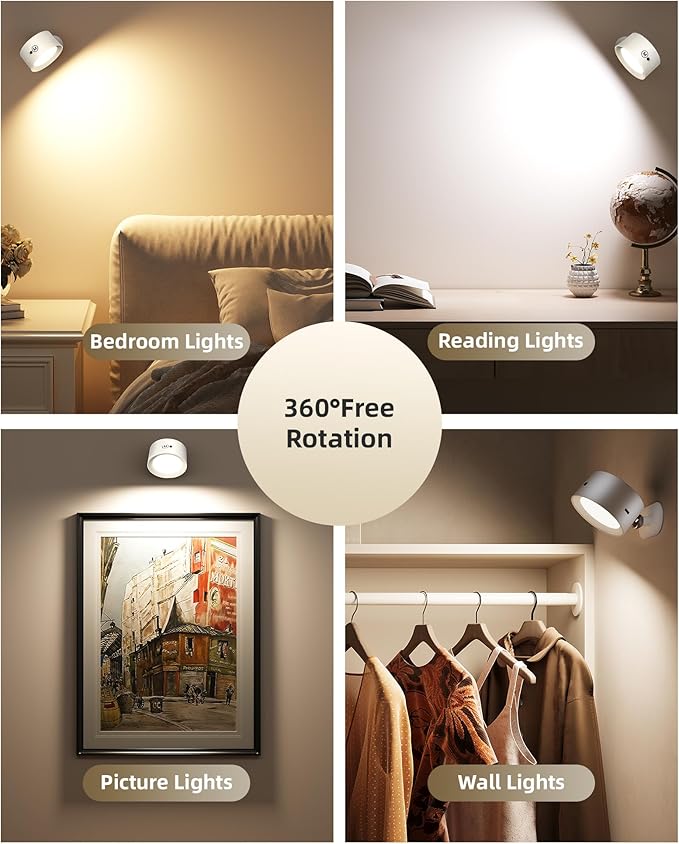 LED Wall Mounted Lights, Rechargeable Wall Sconces with Remote & Touch Control, 3 Color Temperatures 360° Rotation Dimmable Cordless Wall Light for Bedroom Study Reading Bedside (White, 3 Pack)