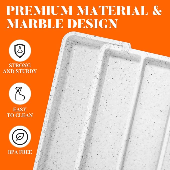 Expandable Large Silverware Organizer, Utensil Drawer Organizer for Kitchen Cutlery, Marble Design， Adjustable Cooking Utensil Tray, Plastic Spatula Tools and Gadgets Storage Divider, White