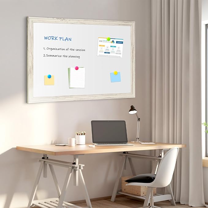 4 THOUGHT Dry Erase Board, 24 x 36 in Magnetic Whiteboard White Vintage Wood Frame Wall-Mounted White Board Decorative Notice Board for School, Office, Home, 6 Magnets 4 Markers 1 Eraser