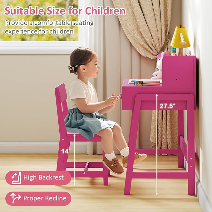INFANS Table and Chair Set, Toddler Wooden Student Study Desk with Chair Storage Hutch Compartments Drawers for Writing Drawing, Children Furniture for Bedroom School Boys Girls 3+ Years Old (Pink)