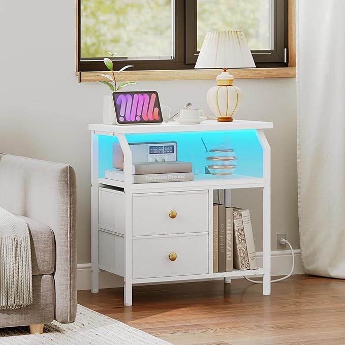 HOOBRO 23 inch Wide Nightstand with Charging Station and LED Light, Night Stand with 2 Fabric Drawers, Bedside Table, Dresser with Open Storage Shelf, End Side Table for Bedroom, White WT160UDBZ01