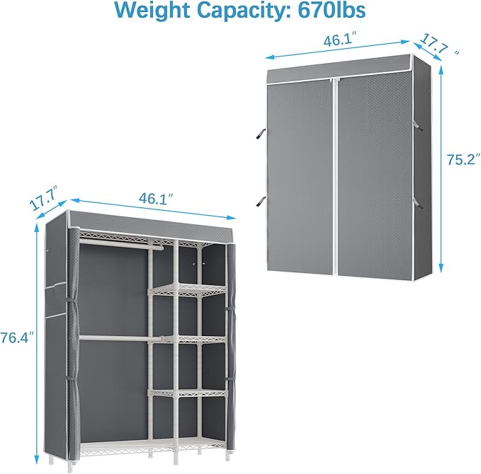 VIPEK V7C Garment Racks with Cover Portable Closets for Hanging Clothes, Heavy Duty Clothes Rack with Shelves Metal Closet Wardrobe, Max 670lbs, White Rack with Grey Upgraded Polyester Cover