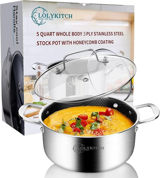 LOLYKITCH 5 QT Tri-Ply Hybrid Stainless Steel Non Stick Stock Pot with Lid,Induction Cooking Pot,Dishwasher and Oven Safe