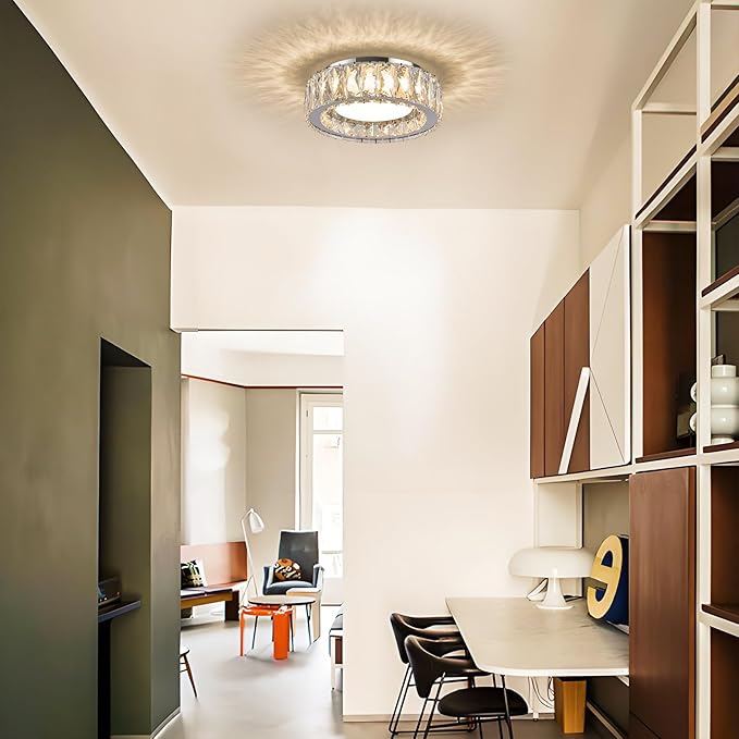 11 Inch Chrome Modern Luxury Crystal Flush Mount Ceiling Light Fixture,5CCT 3000K-6000K 24W,Round Small Dimmable Led Chandelier Hallway Lighting for Entryway,Kitchen,Bedroom,Laundry Room