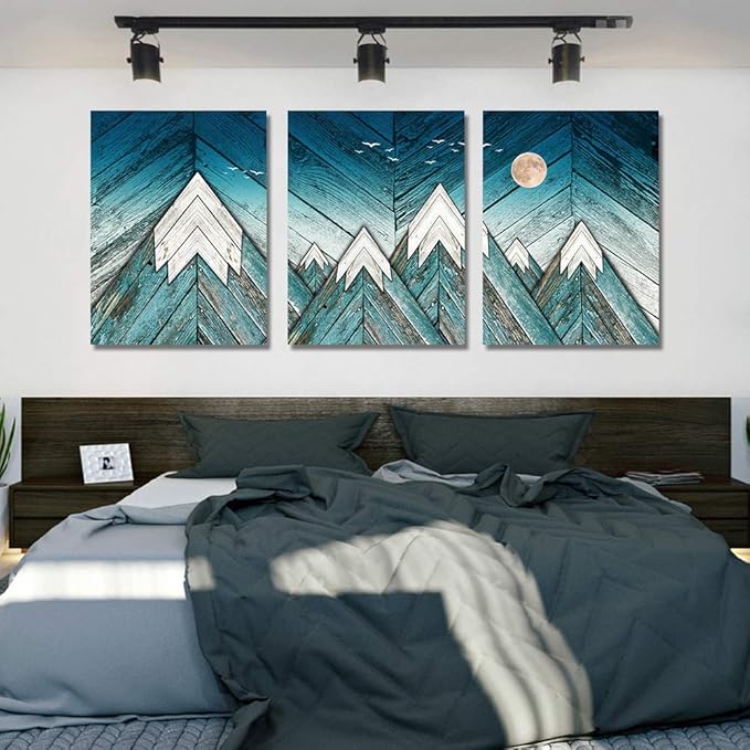 blue Abstract Canvas art Prints Wall Art Paintings for Living Room family kitchen Bedroom bathroom Wall decor modern Wall Artworks mountain Pictures Vintage wood grain 3 Piece Home Decoration posters