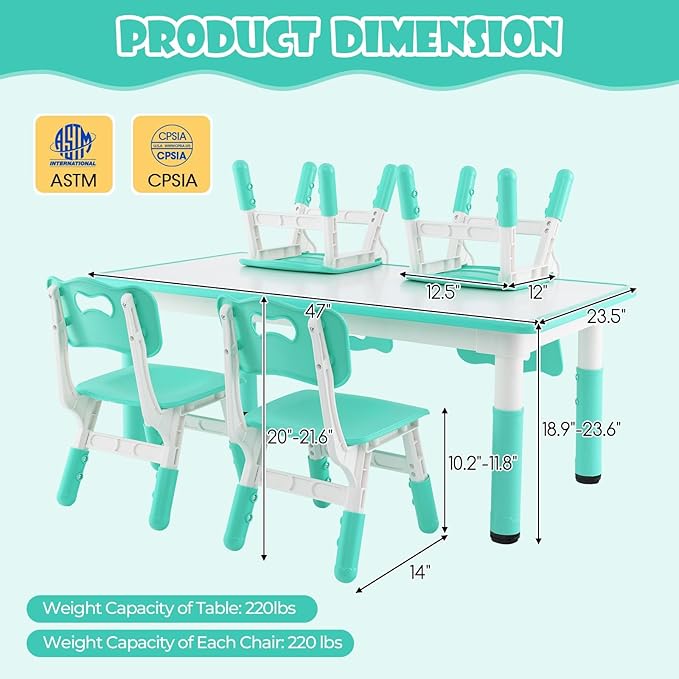 HONEY JOY Kids Table and Chair Set, Height Adjustable Children Activity Table and 4 Chairs Set w/Erasable Graffiti Desktop, Toddler Table and Chair Set for Daycare, Classroom, Home (Green)