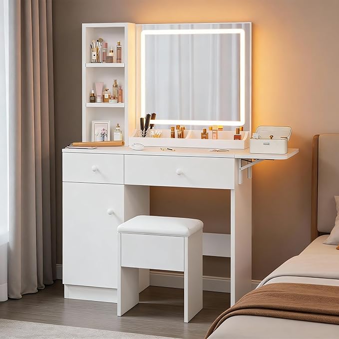 Haewon Makeup Vanity Desk with LED Mirror and Power Outlet, White Dressing Table Set with Storage Chair for Bedroom