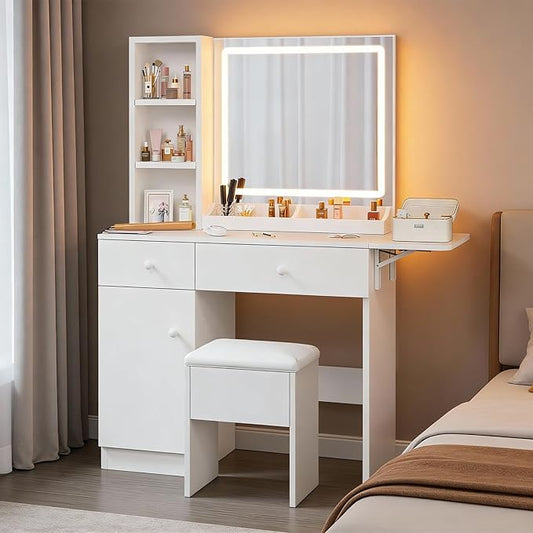 Haewon Makeup Vanity Desk with LED Mirror and Power Outlet, White Dressing Table Set with Storage Chair for Bedroom
