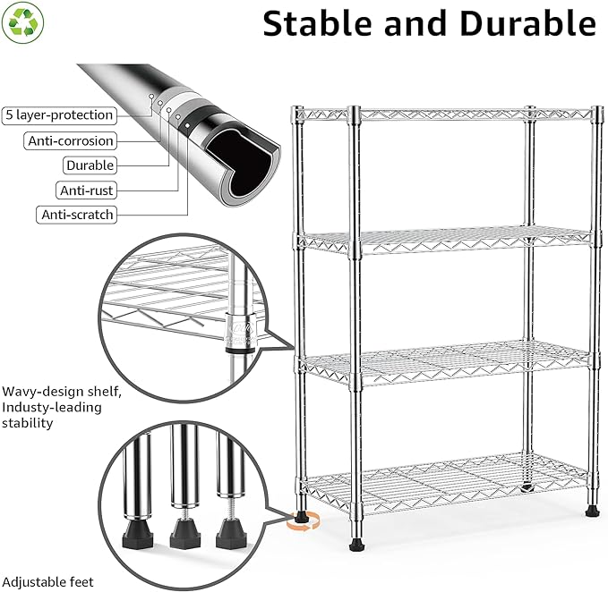 1000 lbs Storage Shelving 4-Tier Utility Shelving Unit Steel Organizer Wire Rack for Home,Kitchen,Office,Chrome (13.7" D x 23.6" W x 53.4" H)