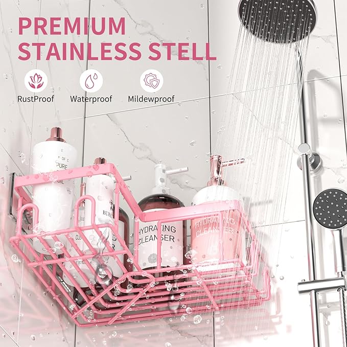 Adhesive Corner Shower Caddy - No Drilling Shower Shelves-Rustproof, Organizer for Bathroom with Soap Holder. Pink