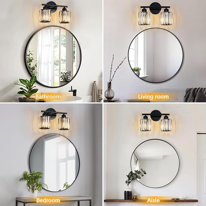 Modern 2 Light Crystal Vanity Light, Plating Black Vertical Bathroom Light Fixture Over Mirror for Dressing Table Sink, Compatible with Dimmable Bulbs (Bulbs Not Included)