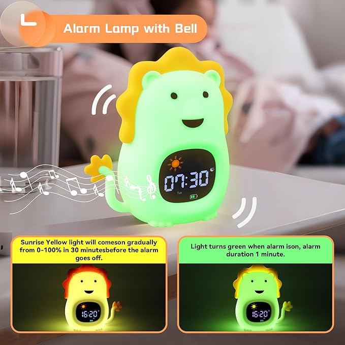 Kids Alarm Clock,Soft White Noise Sleep Trainer,Bedroom Kid Night Light Clock, Kid Wake-up Clock with Snooze Function,Bedtime Companion for Independent Sleep (Lion)