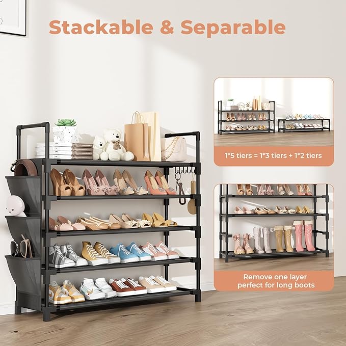 5 Tier Shoe Rack, Shoe Organizer Storage for 20-25 Pair Boot and Sneaker, Stackable Free Standing Shoe Shelf with Hooks and Side Pocket, Space Saving Shoes Rack for Closet, Entryway