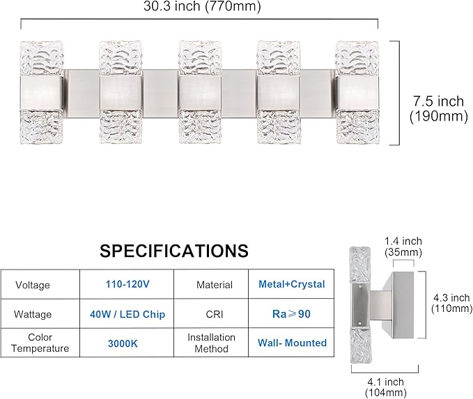 MELUCEE 30.3 in LED Bathroom Lighting Fixtures Dimmable 40W LED Vanity Light Brushed Nickel Modern Bathroom Light Bar Crystal Wall Sconce for Bath Restroom Powder Room, 3000K Warm Lighting