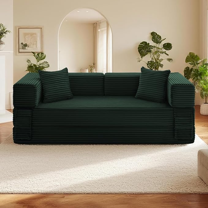 Sectional Boneless Couch Convertible Sofa Bed,78'' Modular Sectional Sleeper Sofa with Removable Armrests & 3 Pillows,Small Floor Couch No Assembly Needed for Living Room, Office, Bedroom,Dark Green