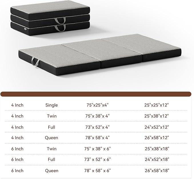 Memory Foam Trifold Mattress - Twin Portable Floor Bed 4 Inch, Foldable Mat with Washable Cover, Handle & Non-Slip Bottom, for RV, Travel, Camping, Yoga, 75"x38"x4"