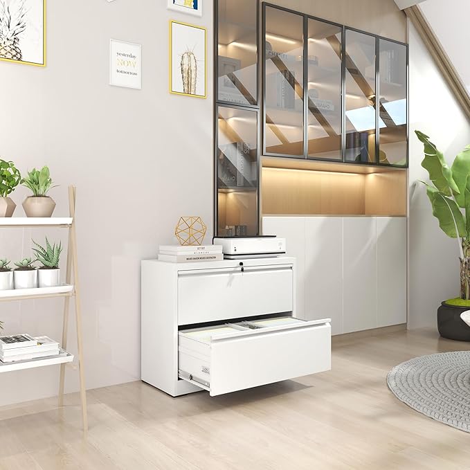 Lateral File Cabinet with Lock,2 Drawer Metal Filing Cabinets for Home Office, Storage Cabinet for Hanging Files Letter/Legal/F4/A4 (White)