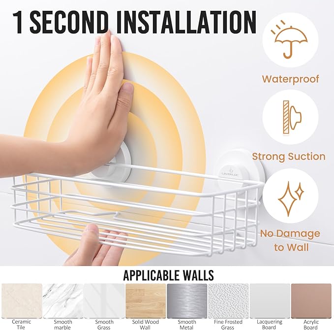 LEVERLOC Shower Caddy Suction Cup, 2 Pack Shelves for Inside with Hooks and Soap Holder, NO-Drilling Bathroom Holder, Rustproof Meatl Bathroom Organizer, White