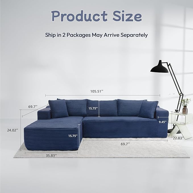 105" Cloud Sectional Couch with L-Shape Chaise,Modern Modular Sofa with Deep Seat, Fluffy Boneless Couches for Living Room Bedroom,No Assembly Required, Dark Blue (Plush Flannel Fabric)