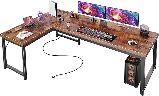 Huuger 63 Inch L Shaped Desk with Power Outlets and USB-C Port, 0.95 Inch Thicker Desktop, Reversible Computer Desk, Larger Office Corner Gaming Desk, Metal Frame, for Home Office, Study, Rustic Brown