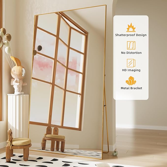 FANYUSHOW Full Length Mirror with Stand 70"x31",Floor Standing Aluminum Frame for Living Room,Tempered Glass Floor Mirror,Simple Home Decor,Wall Decor for Bedroom & Bathroom,Full Body Mirror,Gold